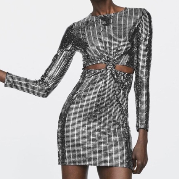 Zara Black Sequins Mirror Cutout Cocktail Mini Dress - Size XS - Picture 1 of 11